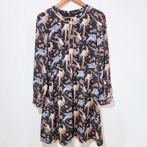 LOFT Black Womens Fit And Flare Snow Bird Peacock Print Mini Dress Size 6